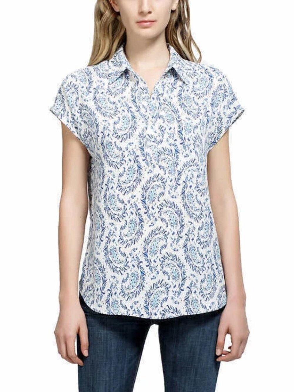 Pleione French Blue Paisley Short Sleeve Blouse